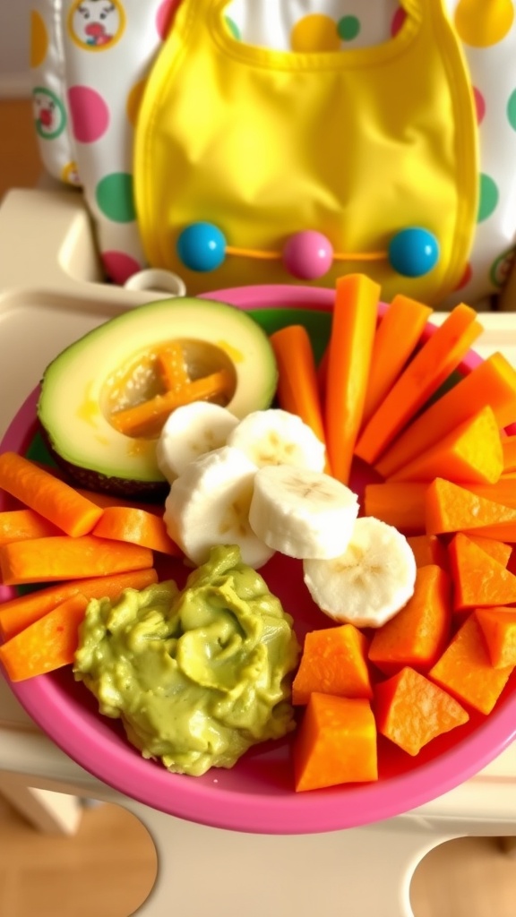 A variety of healthy snacks for babies including mashed avocado, banana slices, carrot sticks, and sweet potato on a colorful plate.